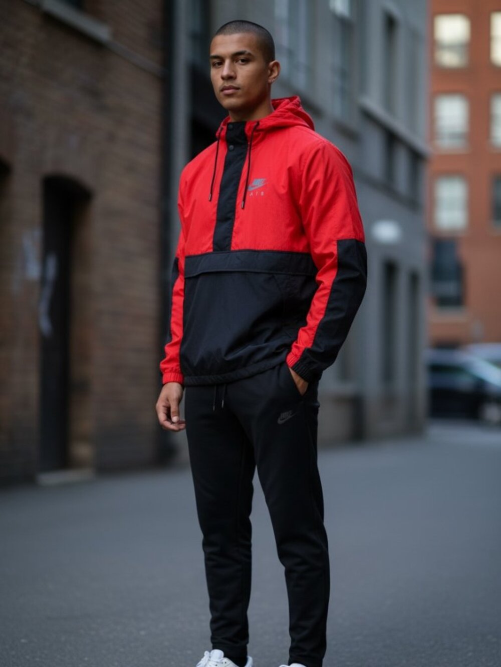 Nike Air Men's M Half-Zip Hooded Windbreaker Red Black Colorblock